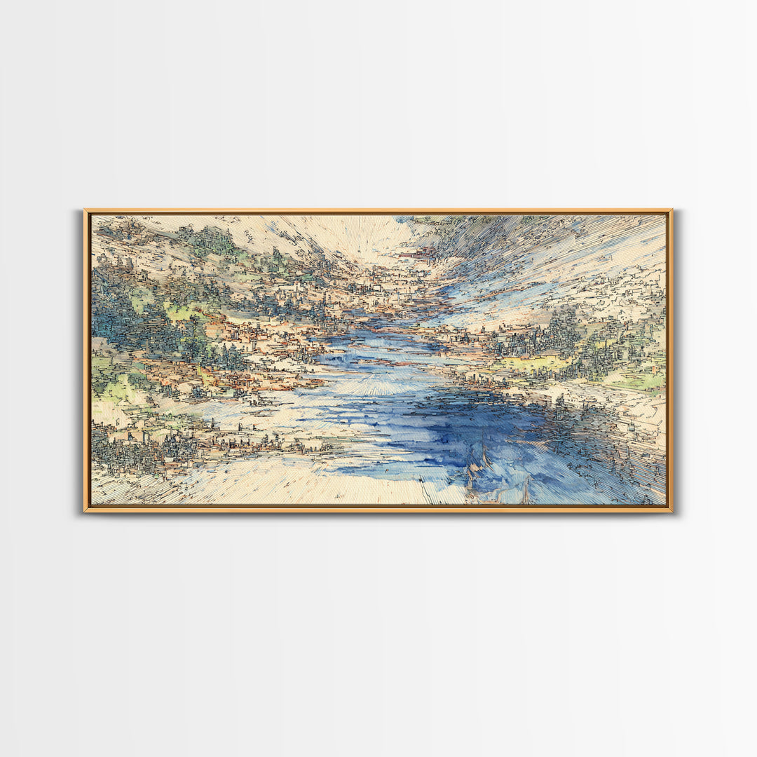 Blue Mountain Valley River And Villages Wall Art, African Landscape Art Print, Serene Nature Decor, Modern Canvas Home Gift