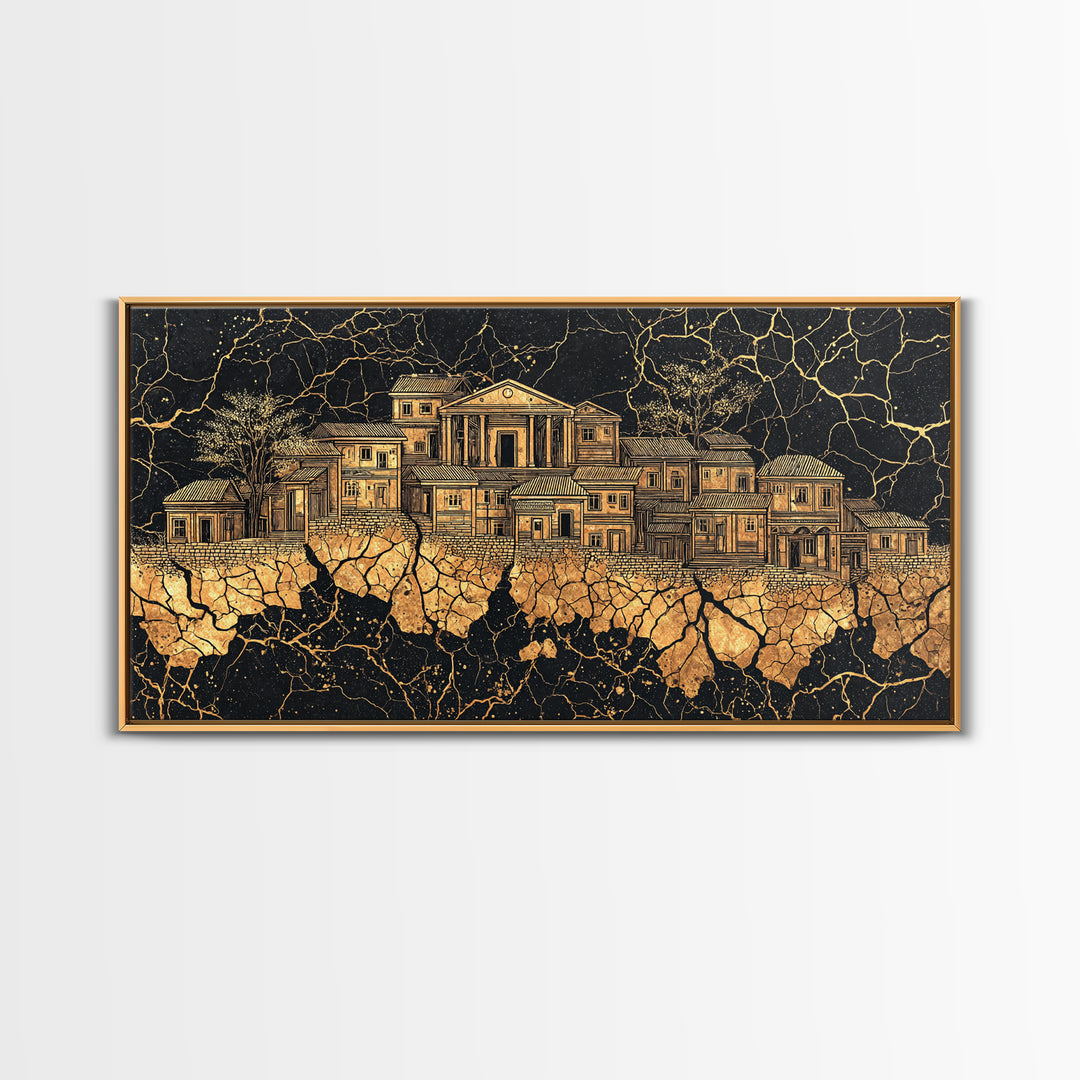 Golden Ancestral Palace On Cracked Stone, Luxury African Wall Art, Black Gold Architecture, Statement Living Room Decor Gift