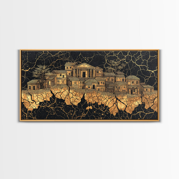 Golden Ancestral Palace On Cracked Stone, Luxury African Wall Art, Black Gold Architecture, Statement Living Room Decor Gift