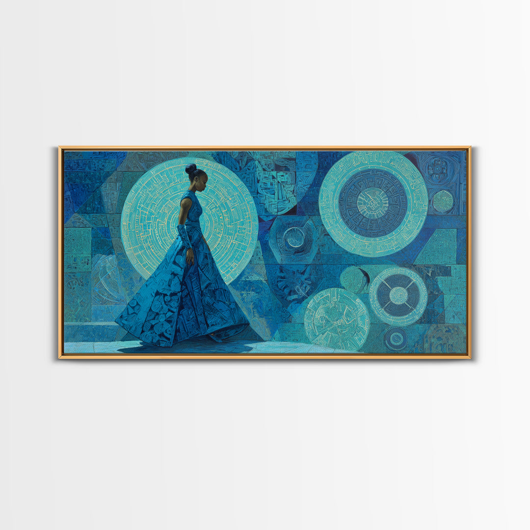 Blue Gown African Woman With Geometric Circles Canvas Print, Modern Afrocentric Wall Art, Elegant Feminine Home Decor Gift