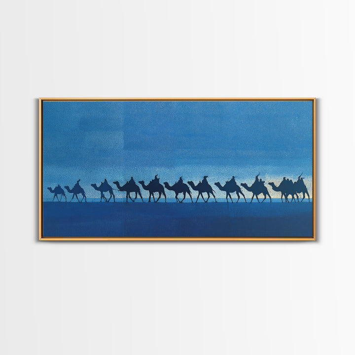 Blue Desert Camel Caravan Silhouette Wall Art, African Safari Print, Nomad Travel Decor, Modern Blue Landscape Poster Gift