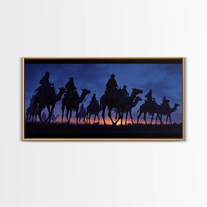 Twilight Camel Caravan Silhouette Framed Canvas Print, African Travel Wall Decor, Blue Desert Nomad Landscape Art Gift For Him