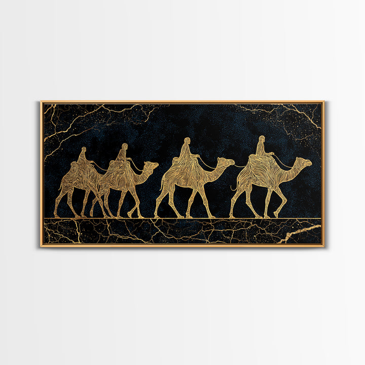 Gold Line Camel Caravan Wall Art, Black And Gold African Safari Print, Desert Nomad Decor, Luxury Canvas Style Gift For Her
