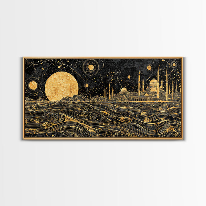Gold Moon Mosque Skyline Canvas Print, Black And Gold Wall Art, Moroccan Travel Decor, Mystical Night Landscape Gift Idea
