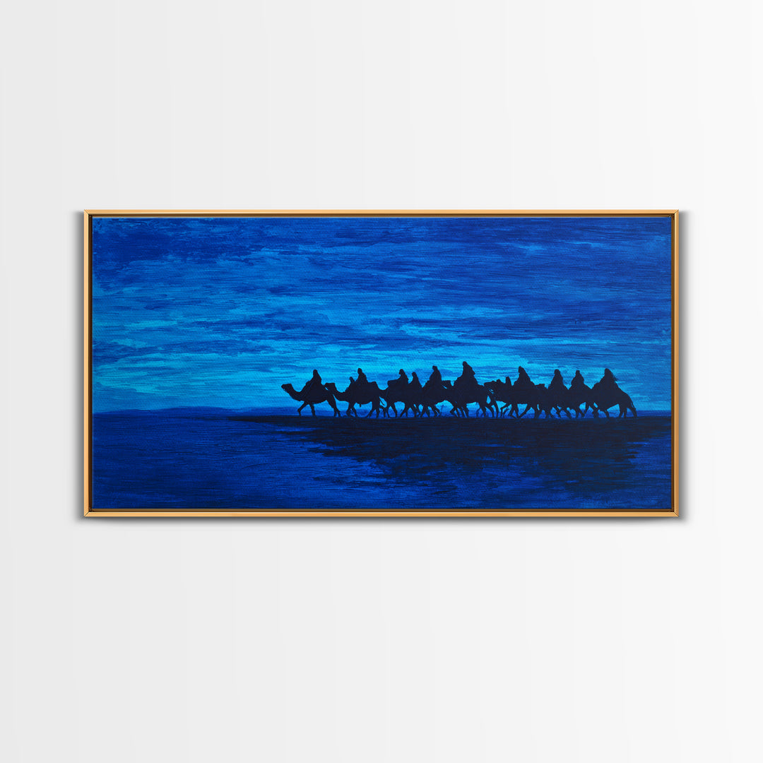 Deep Blue Camel Caravan Silhouette Wall Art, African Safari Poster, Desert Travel Decor, Modern Landscape Canvas Gift Idea