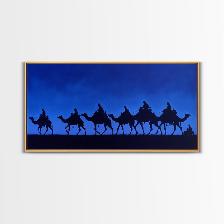 Cobalt Camel Caravan Silhouette Canvas Print, African Wall Art, Minimalist Desert Travel Decor, Blue Nomad Art Gift For Him