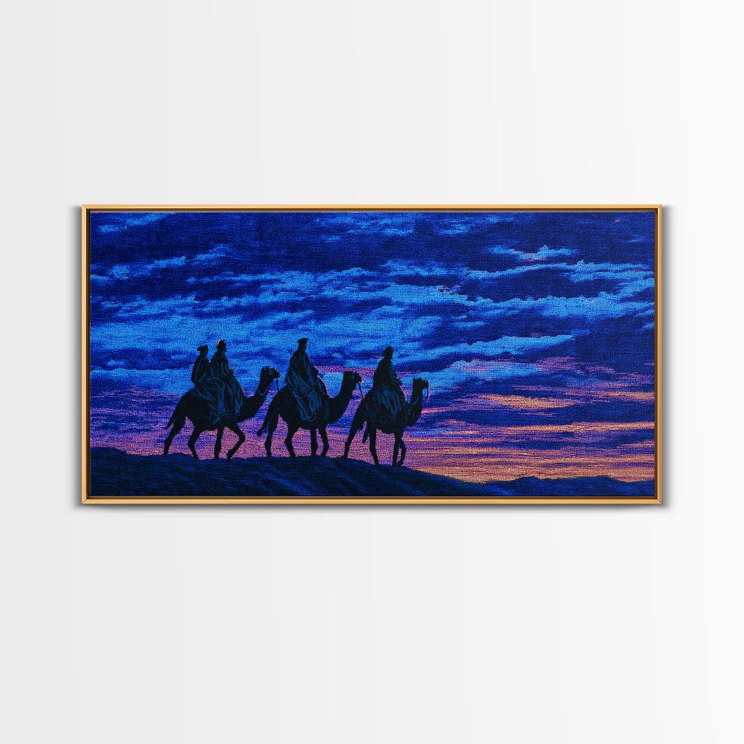 Textured Blue Sunset Camel Caravan Wall Art, African Safari Print, Purple Desert Silhouette Decor, Dreamy Travel Gift Idea