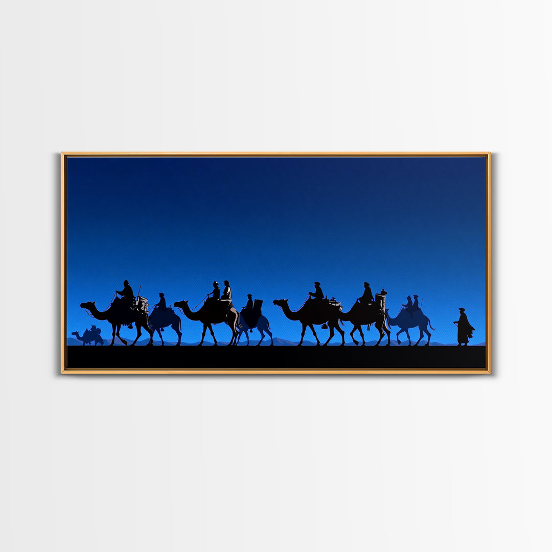 Bright Blue Camel Caravan Journey Silhouette Canvas Print, African Safari Wall Art, Desert Nomad Decor, Travel Gift For Him