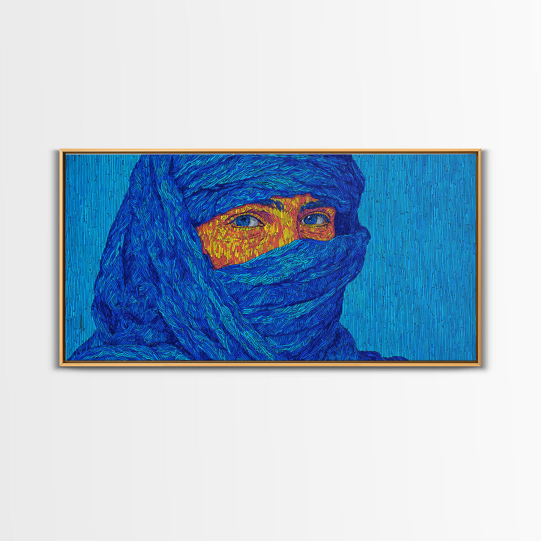 Blue Veiled African Woman Portrait Wall Art, Tuareg Inspired Afrocentric Decor, Bold Black Beauty Canvas For Living Room