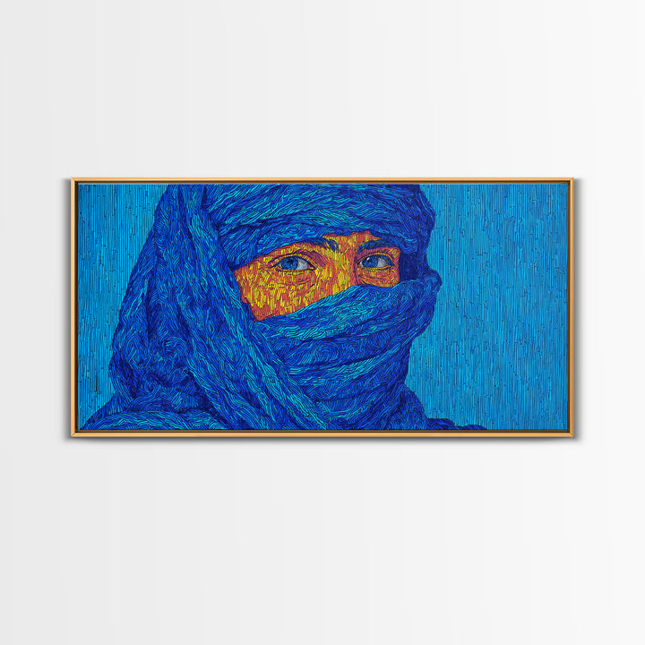 Blue Veiled African Woman Portrait Wall Art, Tuareg Inspired Afrocentric Decor, Bold Black Beauty Canvas For Living Room