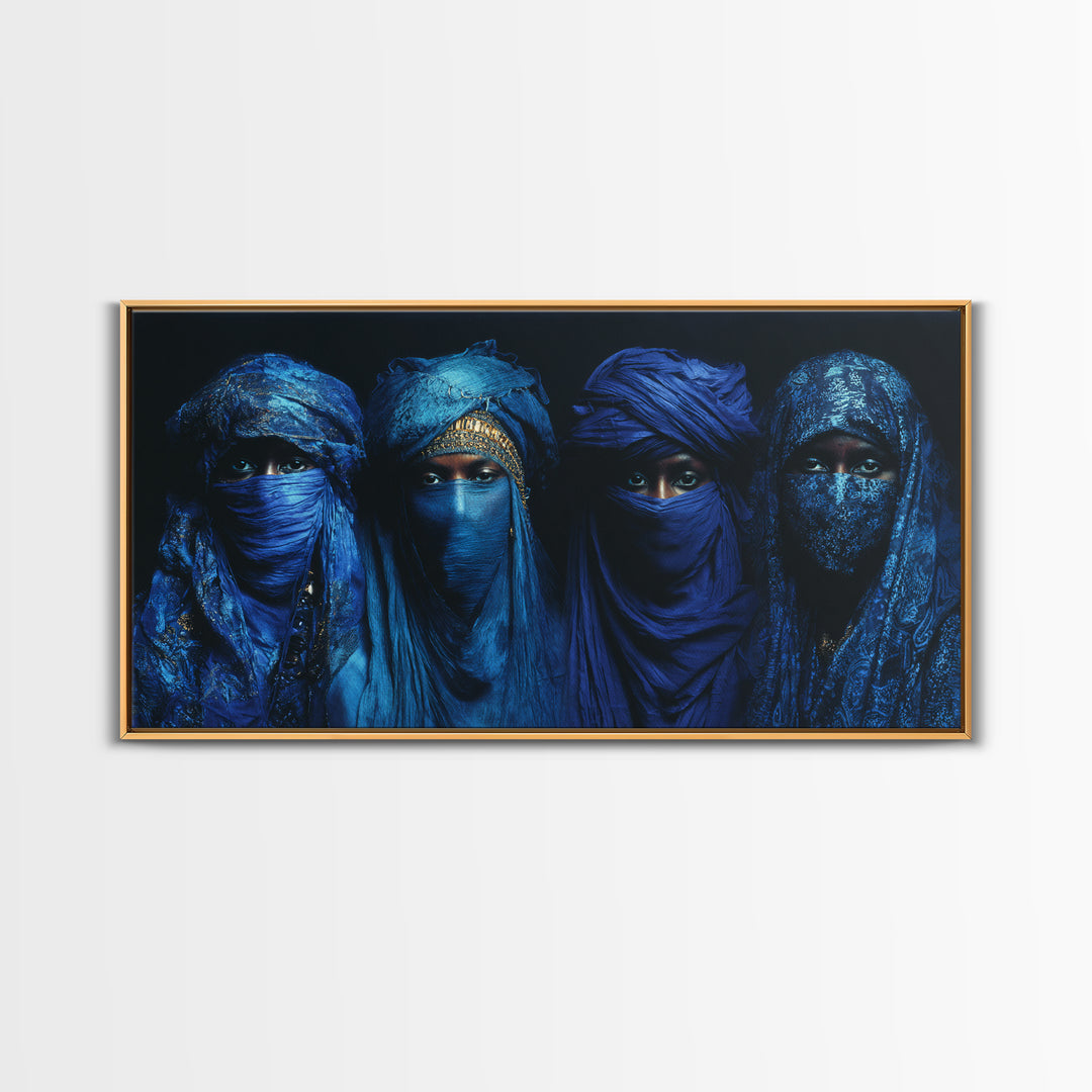 Four Blue Veiled African Women Framed Canvas Print, Tuareg Portrait Wall Decor, Afrocentric Black Culture Art Gift For Home Decor