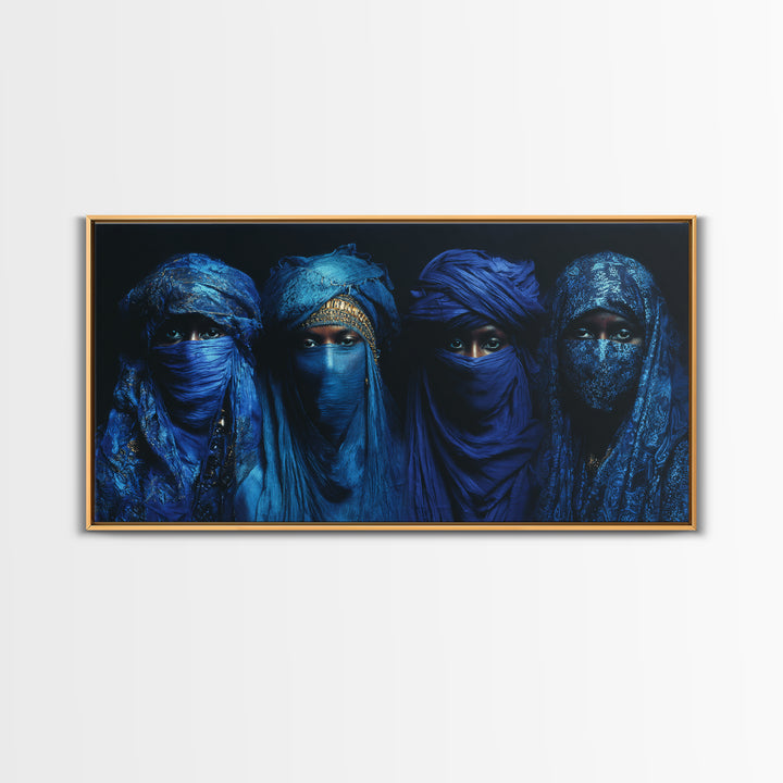 Four Blue Veiled African Women Framed Canvas Print, Tuareg Portrait Wall Decor, Afrocentric Black Culture Art Gift For Home Decor