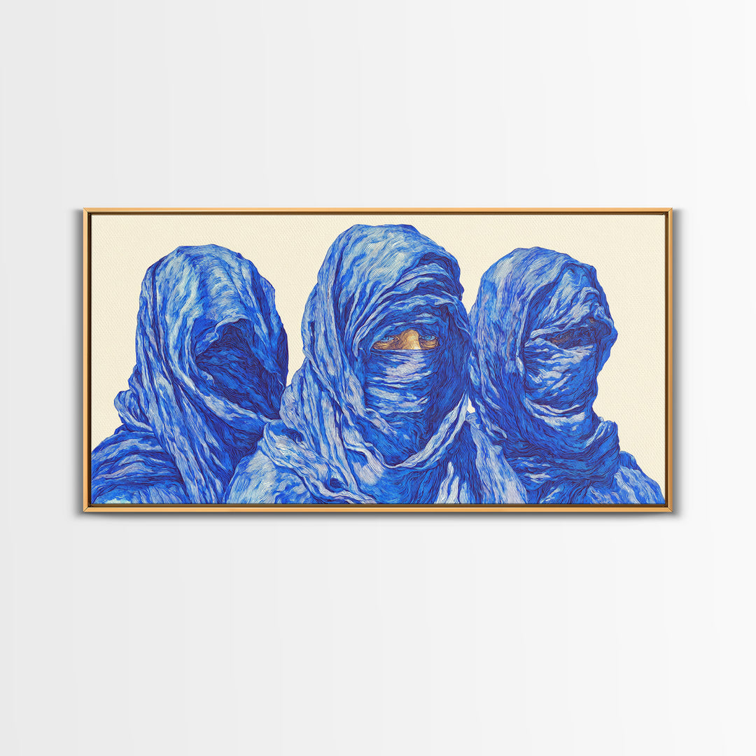 Three Blue Veiled Figures Wall Art, African Tribal Portrait Painting, Textured Tuareg Decor For Afrocentric Living Room Art