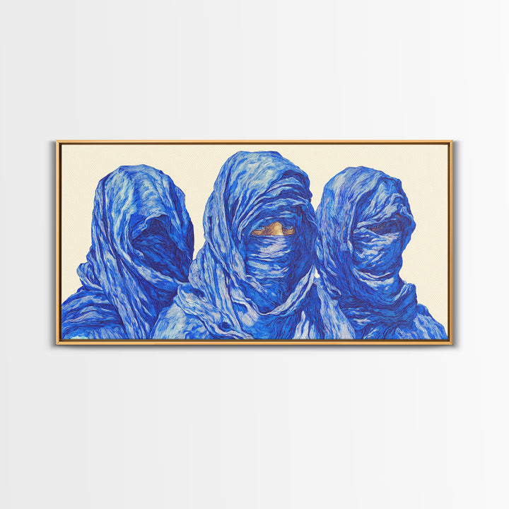 Three Blue Veiled Figures Wall Art, African Tribal Portrait Painting, Textured Tuareg Decor For Afrocentric Living Room Art