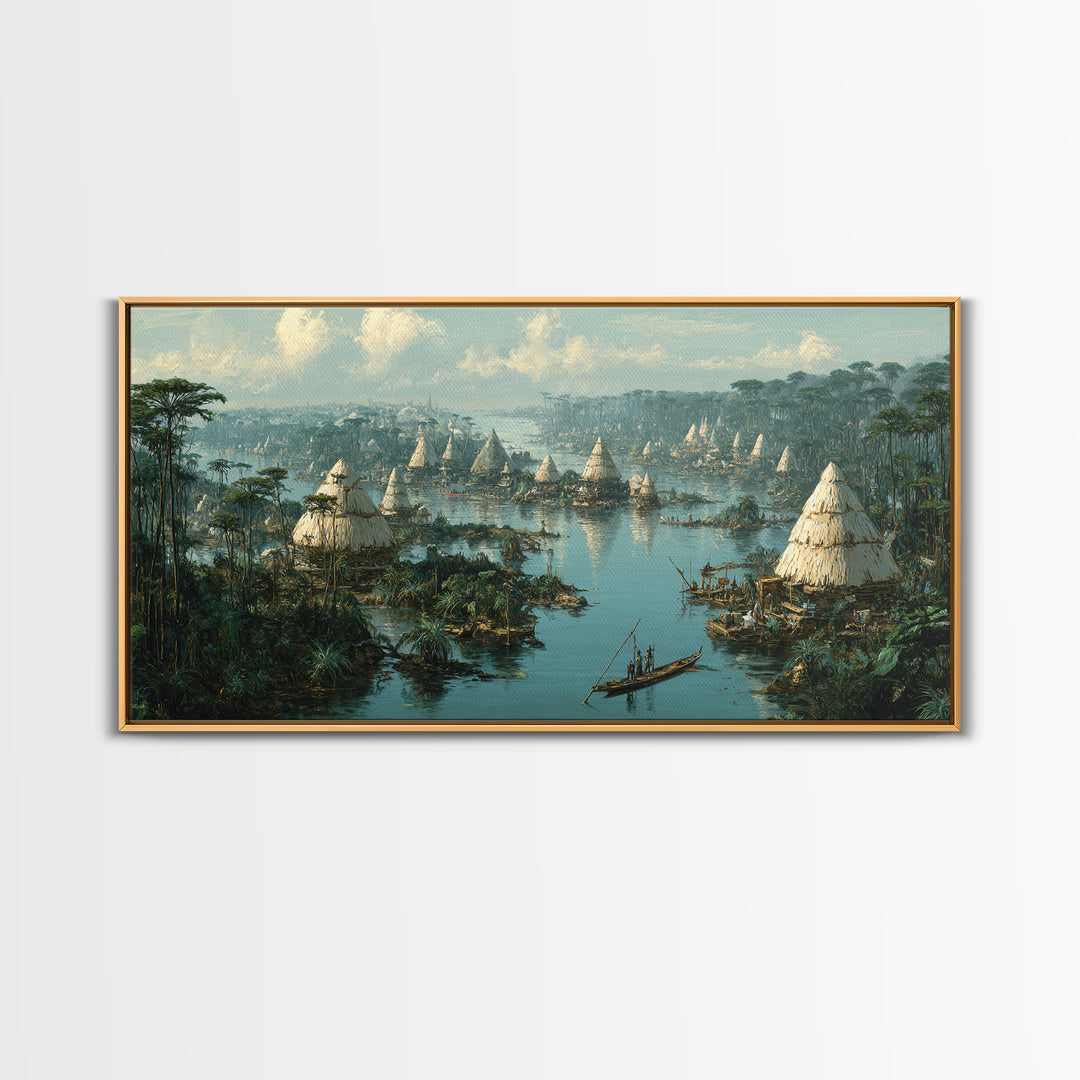 Misty African Wetland Village Wall Art, Thatched Hut Canoe Landscape Print, Authentic Cultural Safari Home Decor Canvas Gift