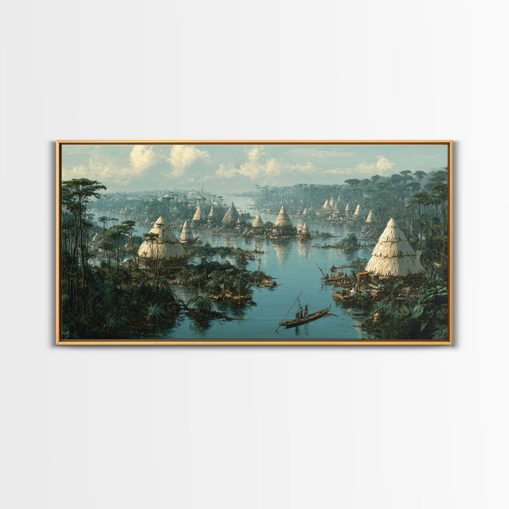 Misty African Wetland Village Wall Art, Thatched Hut Canoe Landscape Print, Authentic Cultural Safari Home Decor Canvas Gift