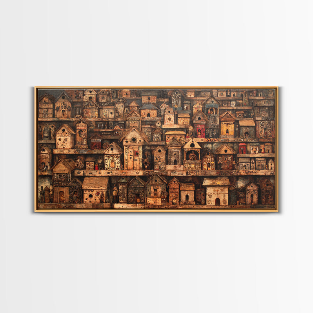 Rustic African Village Birdhouse Houses Wall Art, Tribal Architecture Canvas, Earth Tone Cultural Home Decor Gift For Living Room