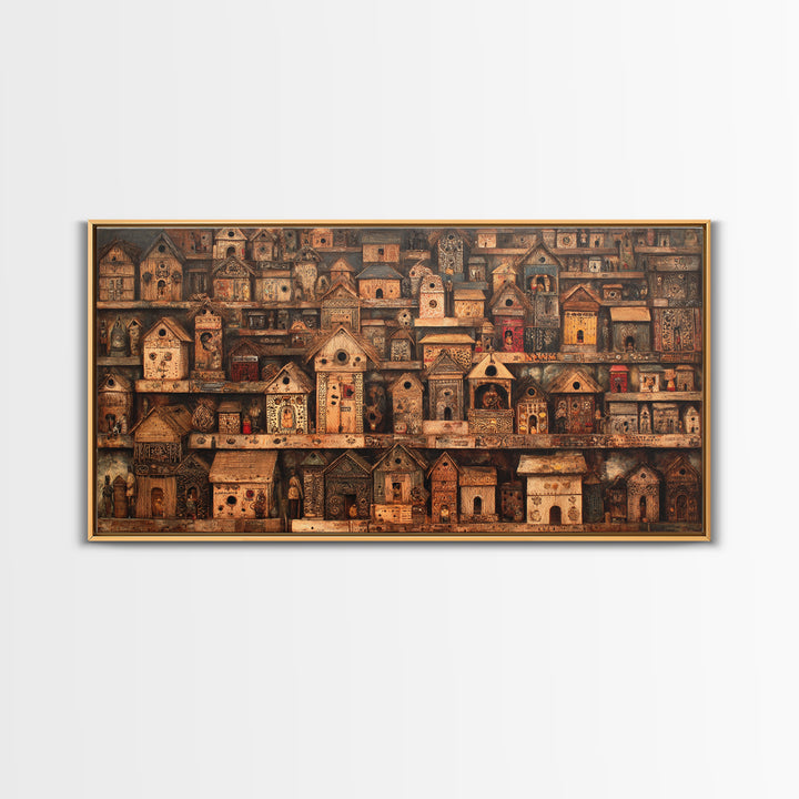 Rustic African Village Birdhouse Houses Wall Art, Tribal Architecture Canvas, Earth Tone Cultural Home Decor Gift For Living Room