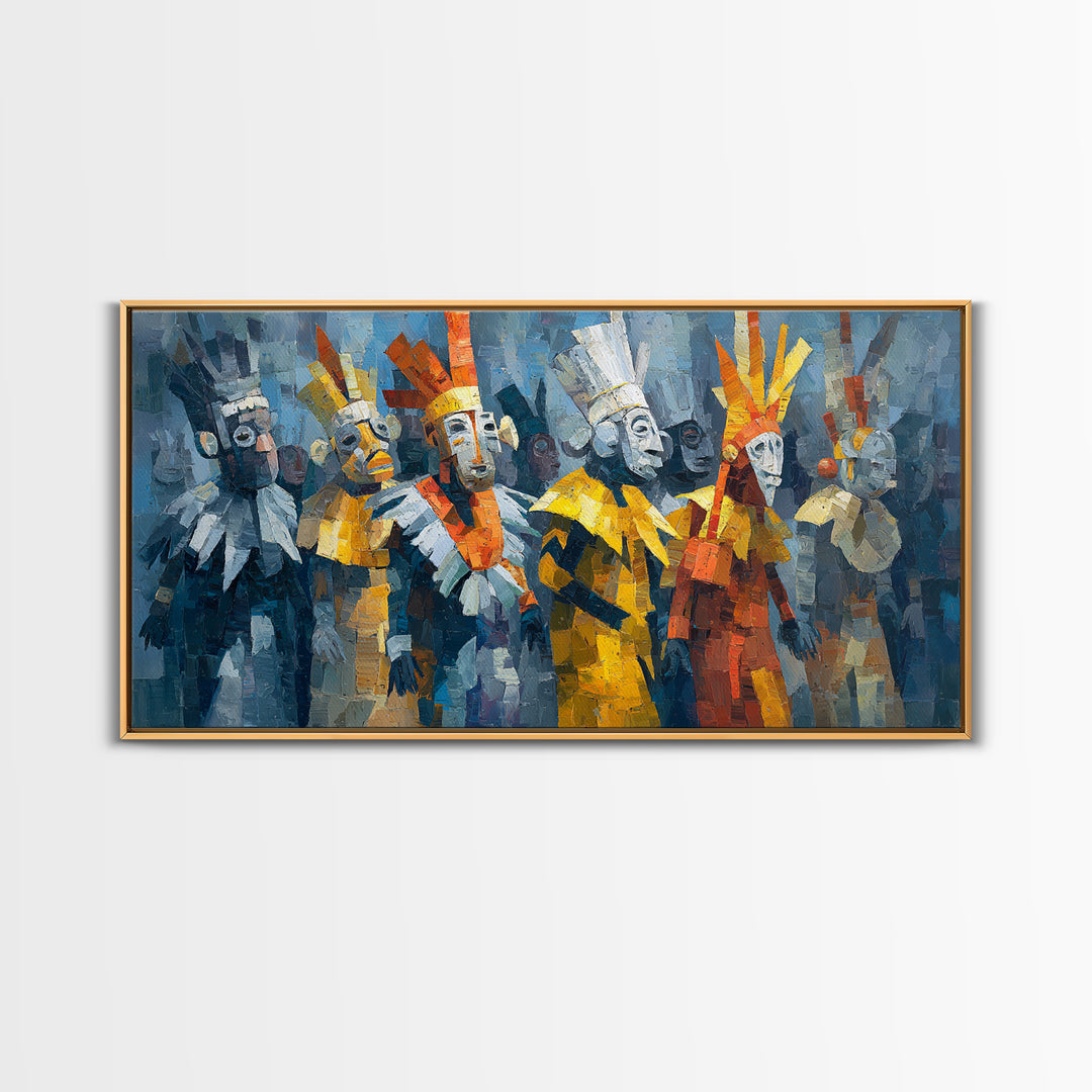 Cubist African Masked Warriors Canvas Print, Ceremonial Tribal Queen Wall Decor, Modern African Art For Bold Home Decor Gift