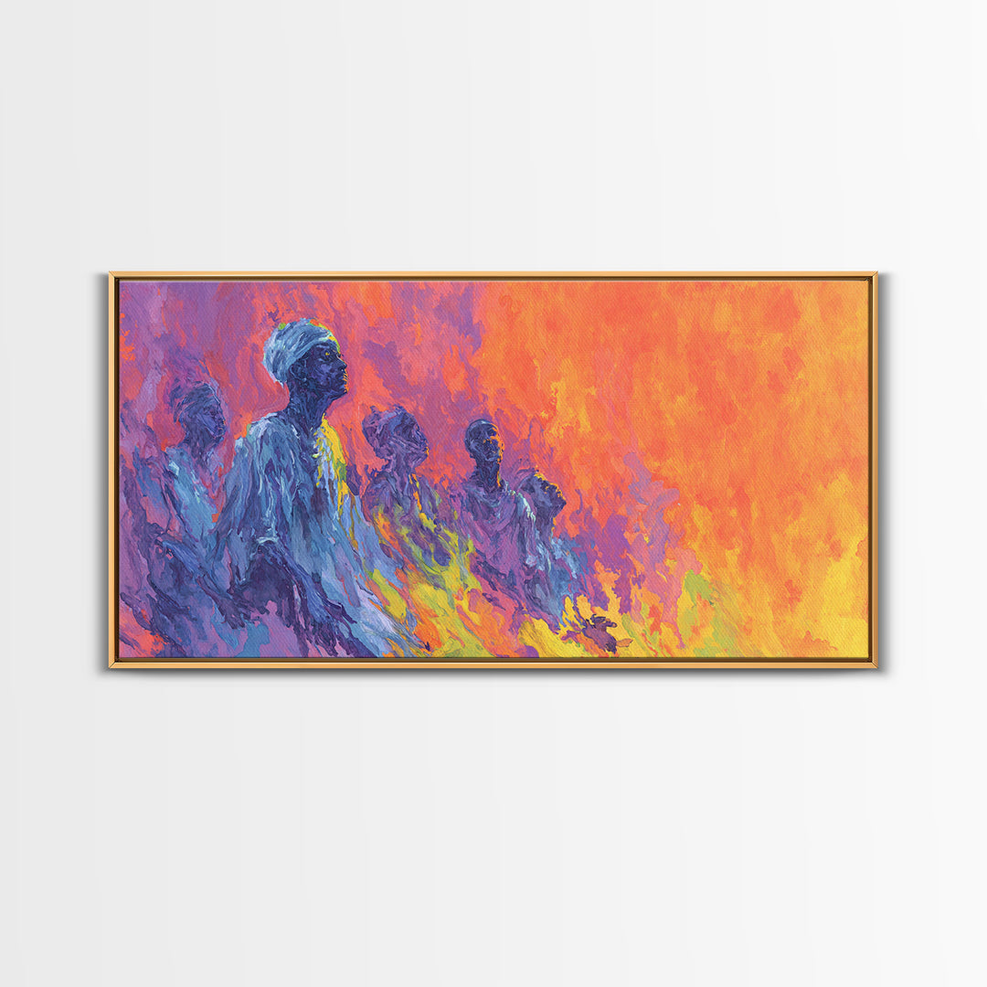 Blue Ancestral Figures By Fire Wall Art, Abstract African Art, Spiritual Cultural Painting, Orange And Purple Decor Gift