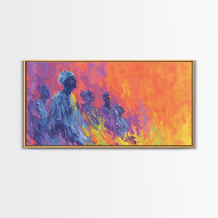 Blue Ancestral Figures By Fire Wall Art, Abstract African Art, Spiritual Cultural Painting, Orange And Purple Decor Gift