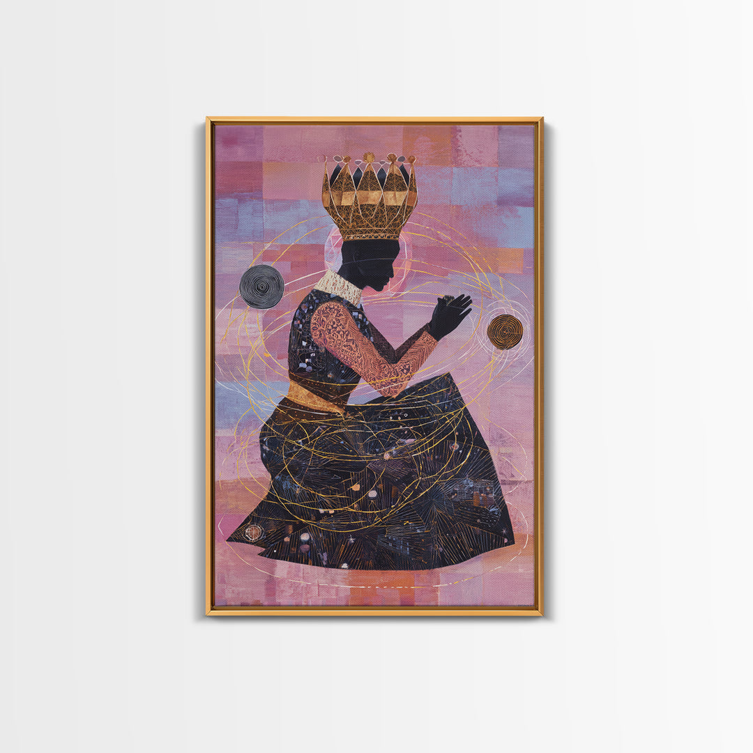 Seated African Queen Silhouette Canvas Print, Pink Cosmic Wall Art, Black Woman Art Home Decor, Feminine Afrocentric Gift
