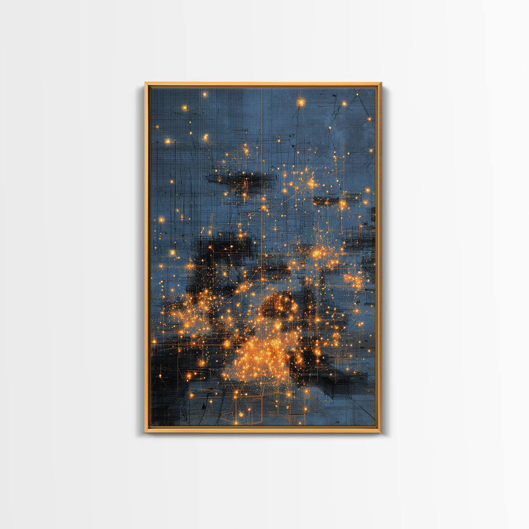 Blue Abstract City Lights Wall Art, Gold Spark Modern Canvas Print, Urban Office Decor, Dreamy Digital Art Luxury Home Gift