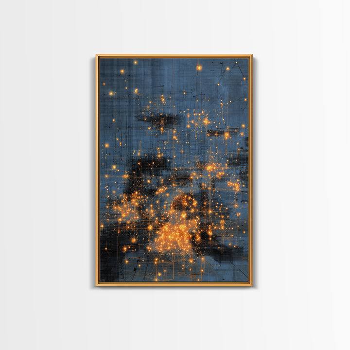 Blue Abstract City Lights Wall Art, Gold Spark Modern Canvas Print, Urban Office Decor, Dreamy Digital Art Luxury Home Gift
