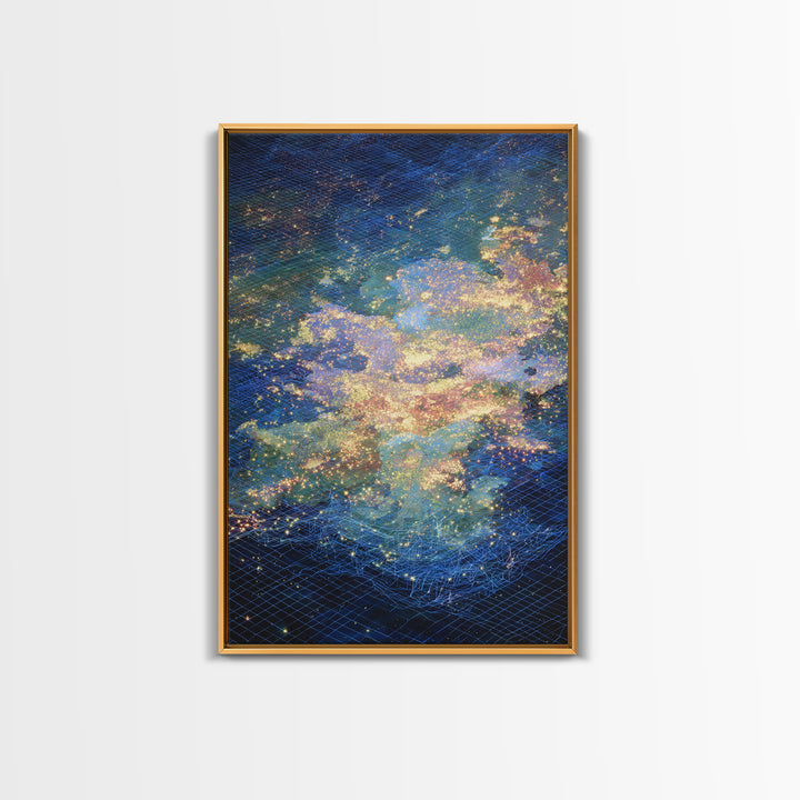 Celestial Ocean Abstract Wall Art, Blue Gold Starry Canvas Print, Dreamy Nature Scene Art, Modern Luxury Home Decor Gift