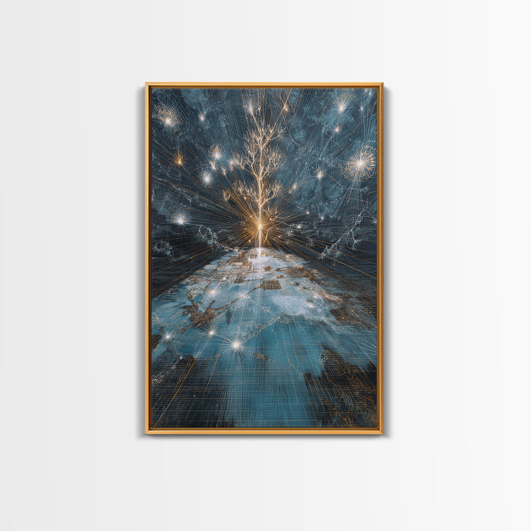 Glowing White Tree Canvas Print, Blue Celestial Wall Art, Spiritual Nature Scene Art, Modern Office Decor, Unique Home Gift