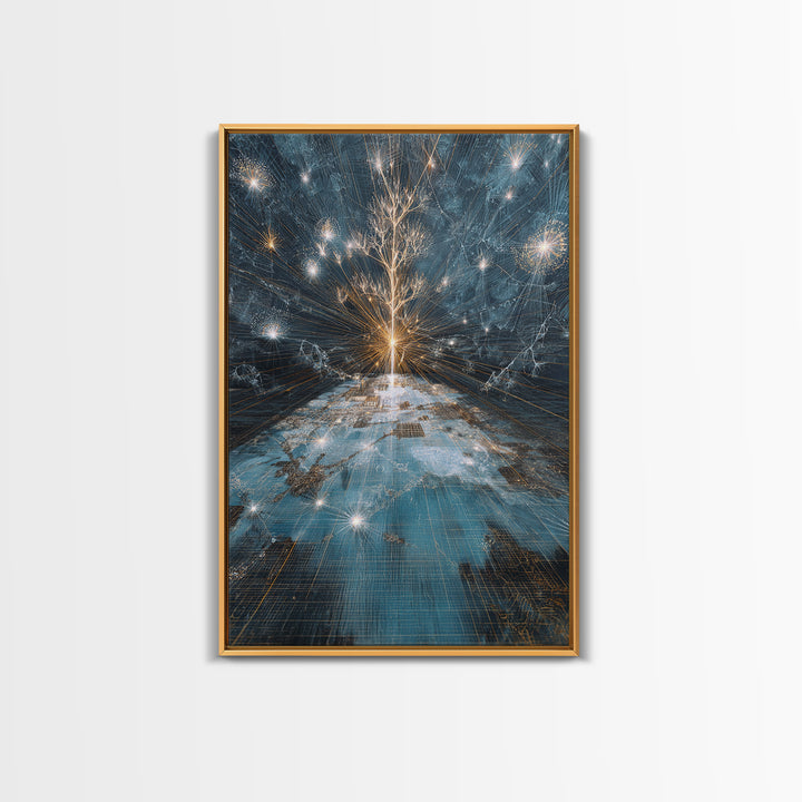 Glowing White Tree Canvas Print, Blue Celestial Wall Art, Spiritual Nature Scene Art, Modern Office Decor, Unique Home Gift