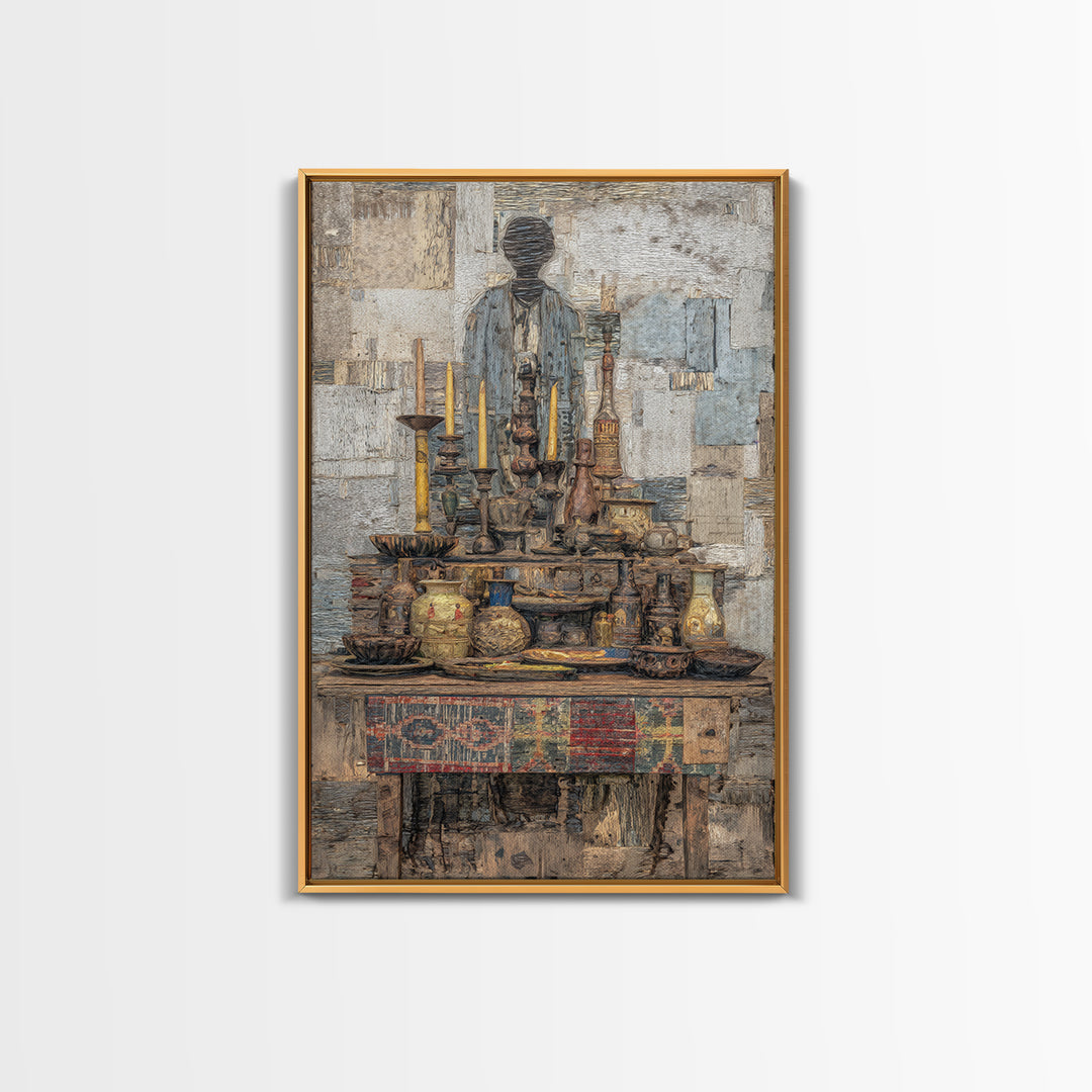 Textured Ancestral Altar With Candles Framed Canvas Print, African Art Decor, Spiritual Wall Art, Ethnic Home Decor Gift