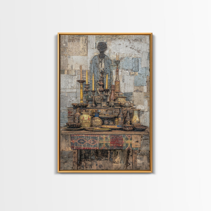 Textured Ancestral Altar With Candles Framed Canvas Print, African Art Decor, Spiritual Wall Art, Ethnic Home Decor Gift