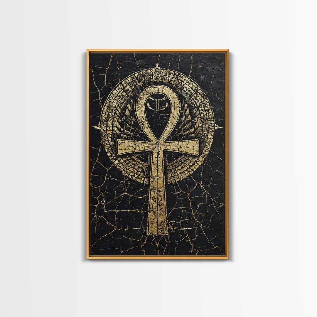 Gold Ankh Symbol On Cracked Black Framed Canvas Print, African Egyptian Art, Spiritual Wall Art, Black And Gold Design Gift