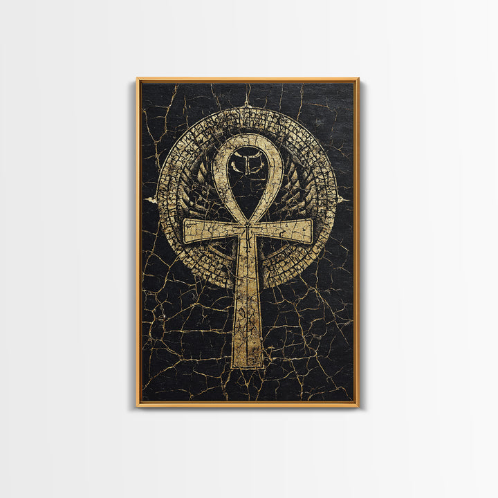 Gold Ankh Symbol On Cracked Black Framed Canvas Print, African Egyptian Art, Spiritual Wall Art, Black And Gold Design Gift