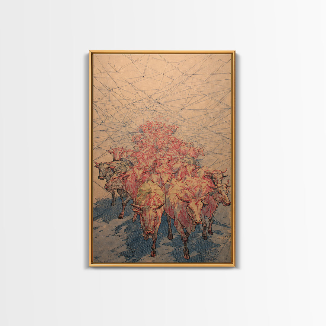 Red Line Cattle Herd Migration Canvas Print, African Animal Art, Rustic Farmhouse Decor, Cultural Wall Art Gift For Living Room