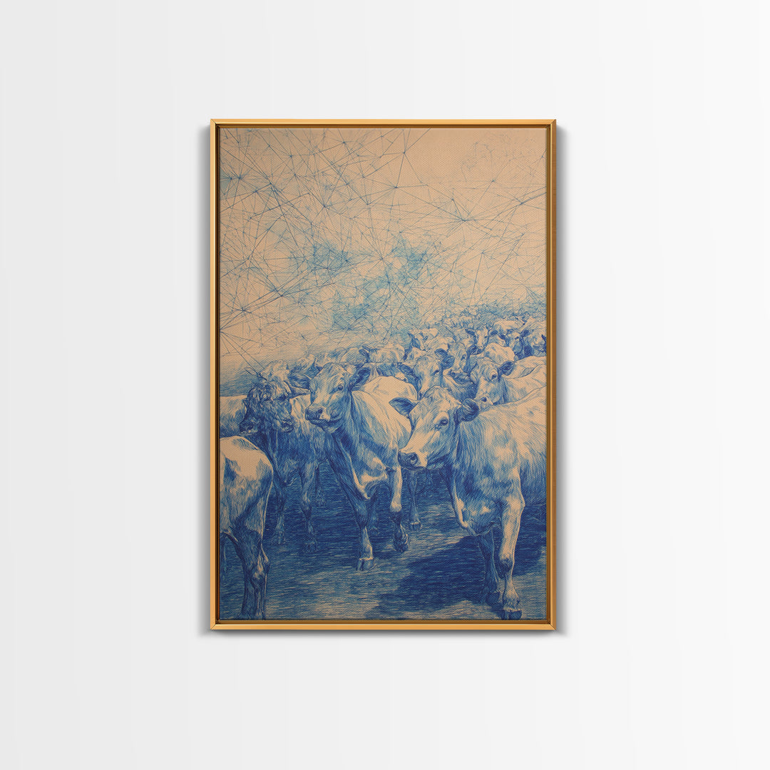 Blue Cattle Herd Network Sketch Wall Art, African Animal Art, Safari Art, Rustic Home Decor, Unique Canvas Gift For Office Decor