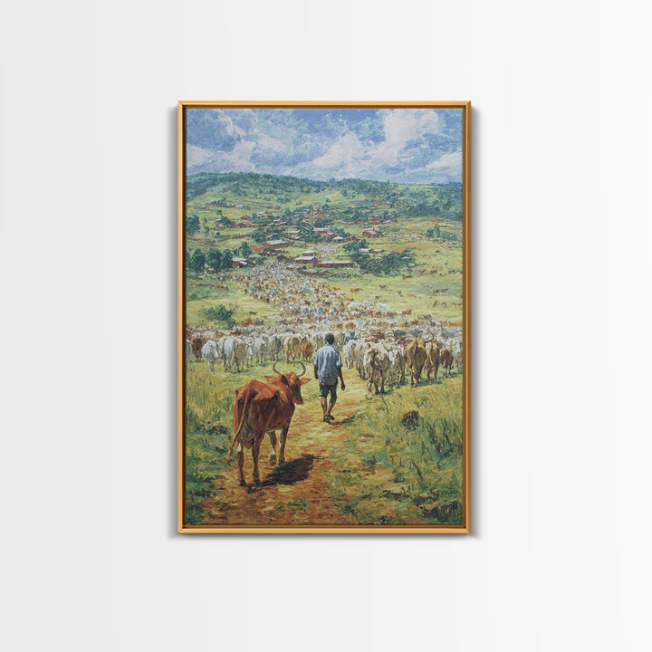 Pastoral Cattle Drive To Village Landscape Wall Art, African Landscape, Safari Decor, Farmhouse Home Decor Gift For Living Room