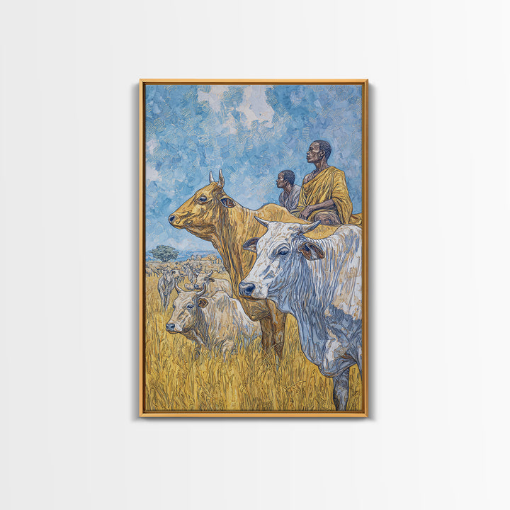 Pastoral African Cattle Herders In Golden Grass Wall Art, Afrocentric Safari Decor, African Landscape Print, Cultural Home Decor