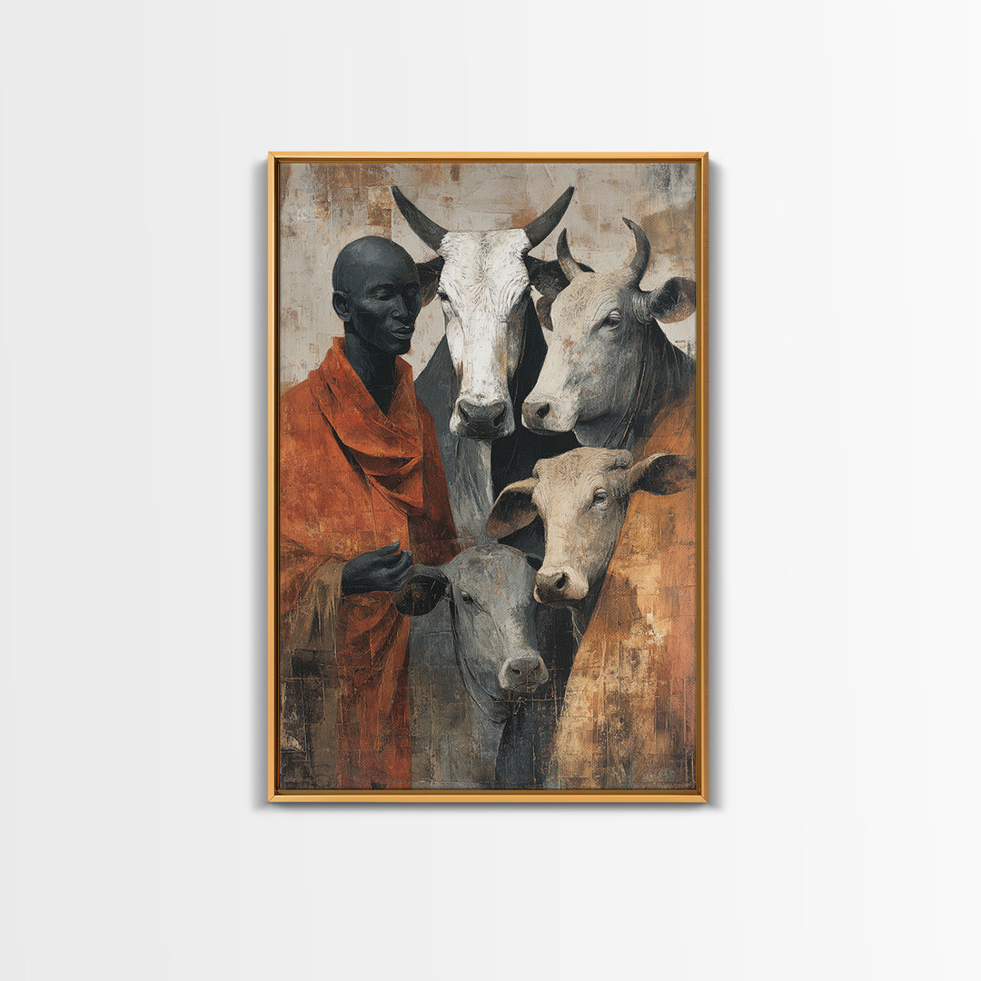 Maasai Herder With White Cattle Framed Canvas Print, African Portrait Wall Decor, Rustic Safari Art, Afrocentric Home Decor