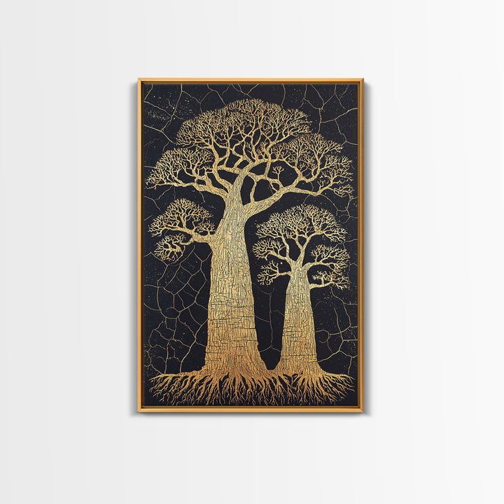 Golden Baobab Trees On Black Cracked Ground Wall Art, African Landscape Print, Botanical Safari Decor, Earth Tone Home Decor