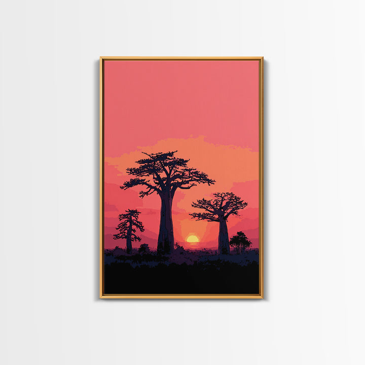 Pink Sunset Baobab Grove Silhouette Canvas Print, Madagascar Wall Art Decor, African Landscape Poster, Modern Safari Home Decor