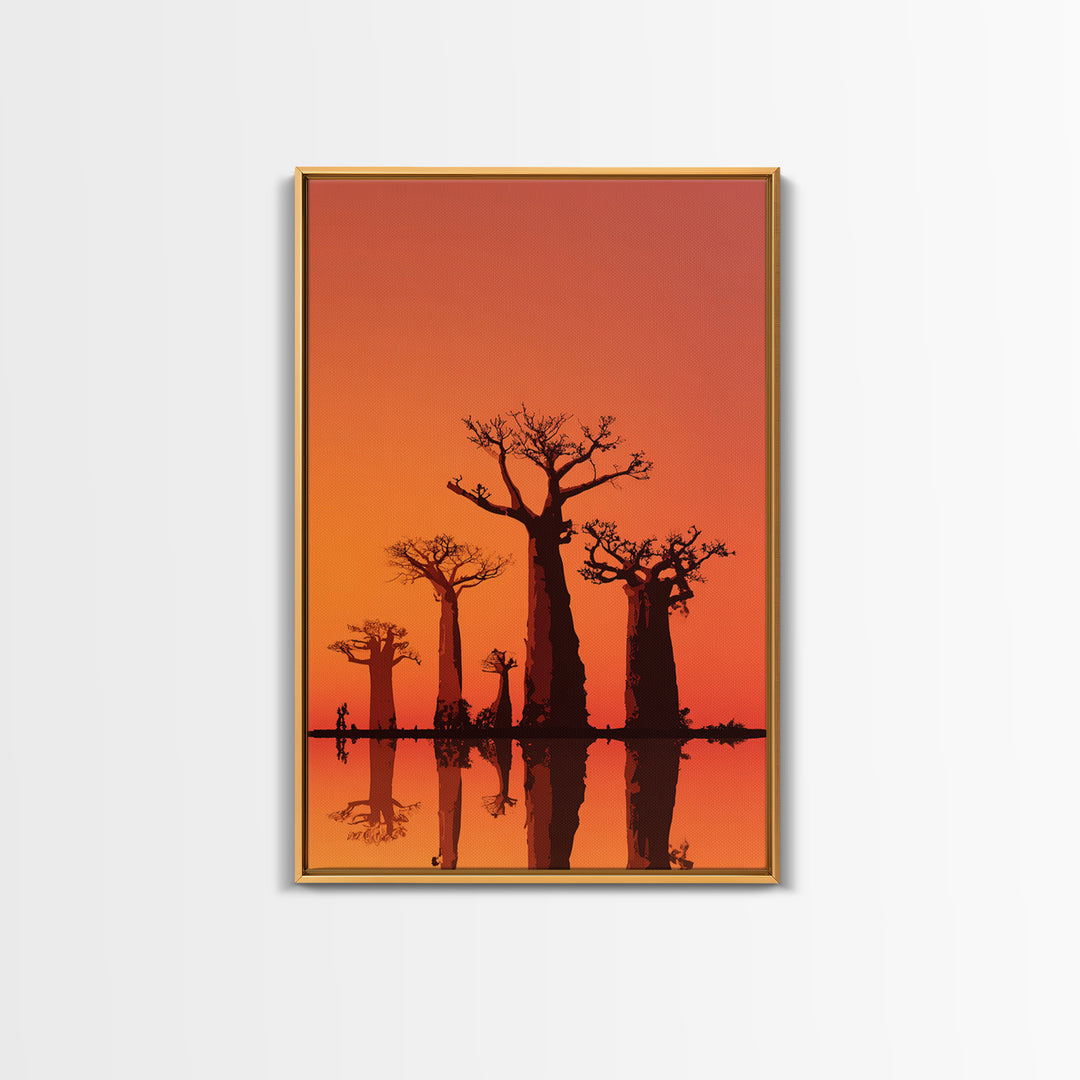 Orange Baobab Reflections At Sunset Wall Art, African Landscape Print, Minimalist Safari Decor, Warm Statement Home Decor
