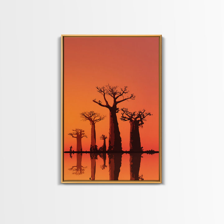 Orange Baobab Reflections At Sunset Wall Art, African Landscape Print, Minimalist Safari Decor, Warm Statement Home Decor