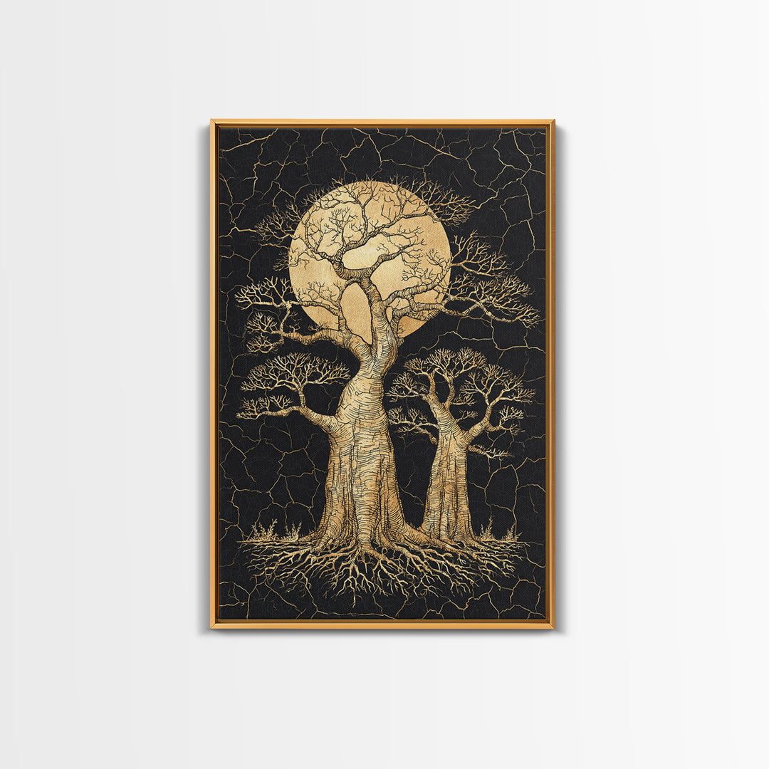 Golden Baobab Moon Tree Wall Art, African Landscape, Black And Gold Decor, Motherland Nature Canvas, Boho Safari Gift, Statement Piece