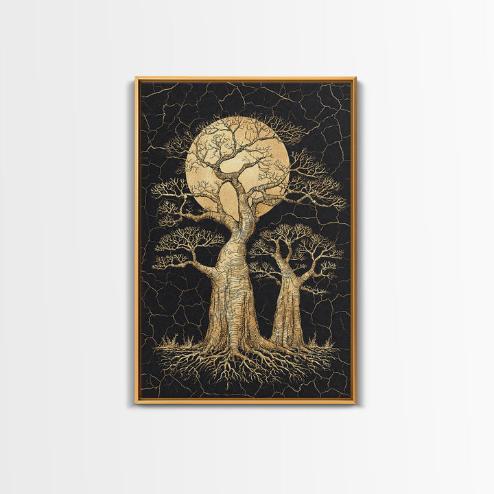 Golden Baobab Moon Tree Wall Art, African Landscape, Black And Gold Decor, Motherland Nature Canvas, Boho Safari Gift, Statement Piece