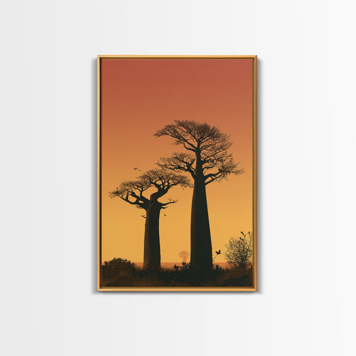 Two Tall Baobab Trees Wall Art, African Sunset Landscape, Madagascar Travel Poster, Orange Safari Decor, Nature Canvas Gift
