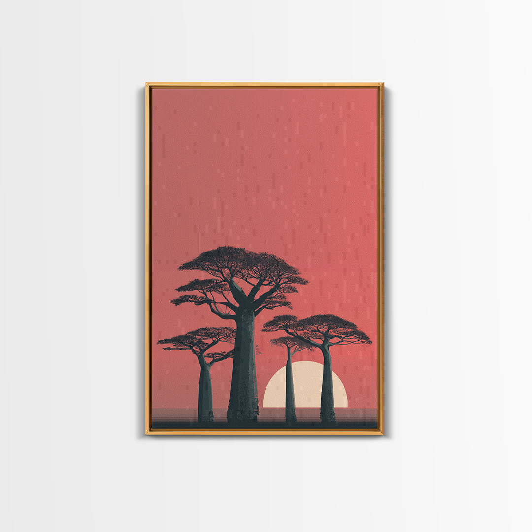 Minimalist Pink Baobab Sunset Canvas Print, African Landscape Wall Decor, Modern Safari Poster, Boho Bedroom Art Gift For Her