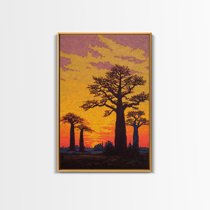 Textured Baobab Sunset Wall Art, African Landscape Painting, Orange Impasto Canvas Print, Safari Decor, Unique Home Gift