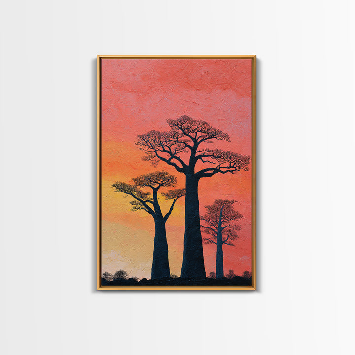 Coral Sunset Baobab Trees Wall Art, African Landscape Print, Textured Canvas Decor, Madagascar Safari Gift, Boho Room Art